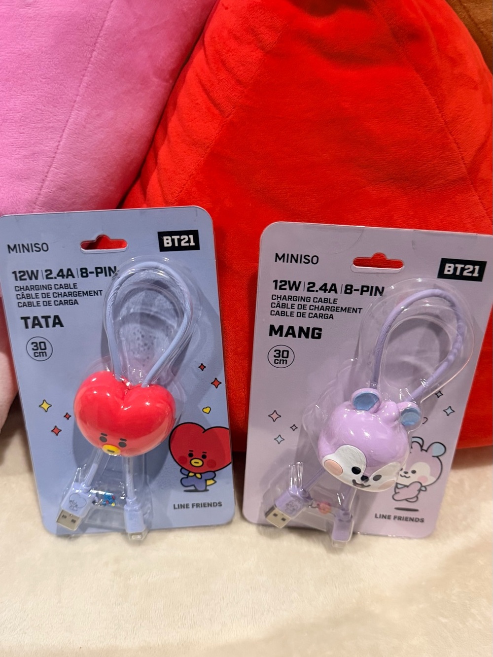 BT21 Charging Cable with Tata (Red) and Mang (Purple) for 2 items